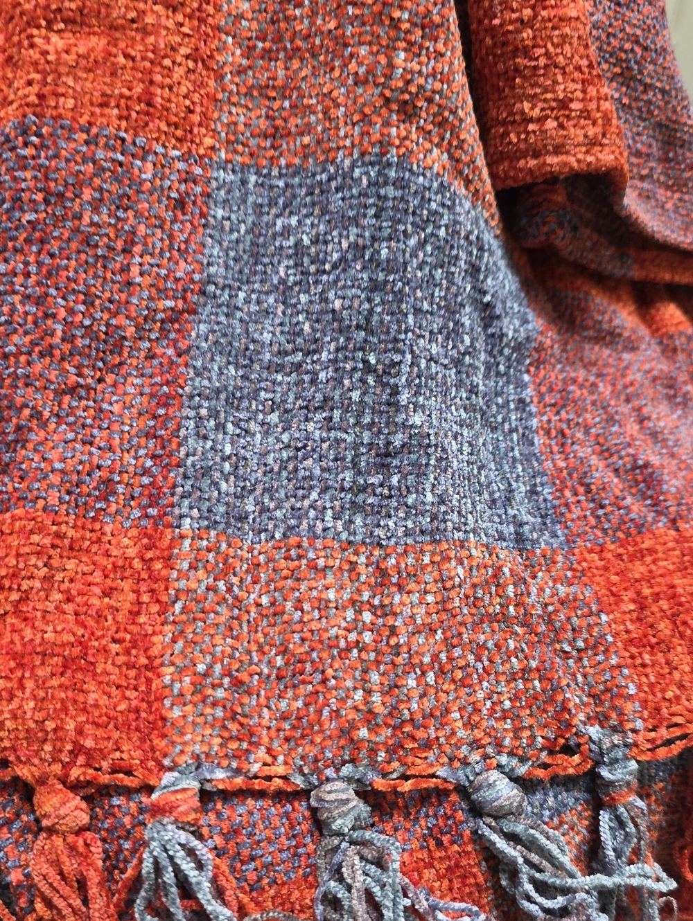 Unisex Orange and Blue Woven Checker Scarf with Fringe